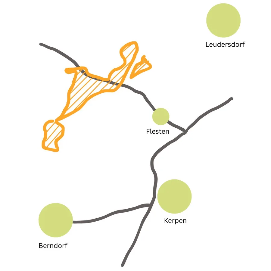Skizze: Die geplante Windfläche liegt nordwestlich von Flesten, zwischen Berndorf, Leudersdorf und Kerpen.